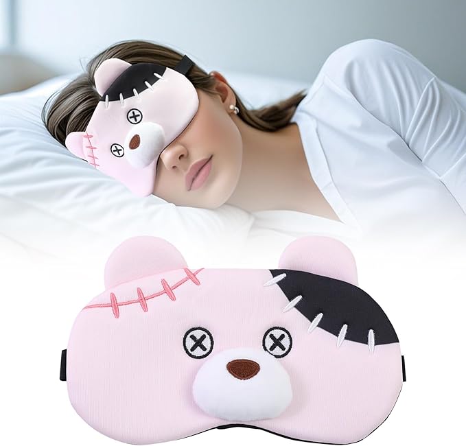 PERFECTSIGHT Sleep Eye Masks, Cute Plush Sleep Eye Cover Lightweight Adjustable Eyeshade Faux Fur Mask Cover for Women Men Kids Sleep Travel Nap, Pink Pudding Bear-BrightBean Baby