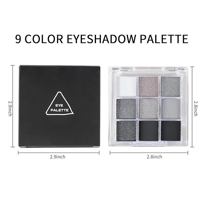 Erinde Black Smokey Gray Silver Eyeshadow Palette, 9 Colors Matte Shimmer Glitter Eye Shadow Makeup Pallet, Highly Pigmented Long Lasting Waterproof, Natural Neutral Shiny Eyeshadow Make Up Palette-BrightBean Baby