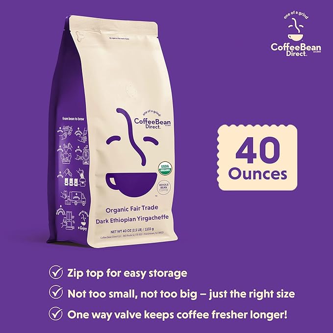 Coffee Bean Direct Organic Fair Trade Dark Ethiopian Yirgacheffe, Whole Bean Coffee, Dark Roast, 2.5 Pound Bag (Pack of 1)