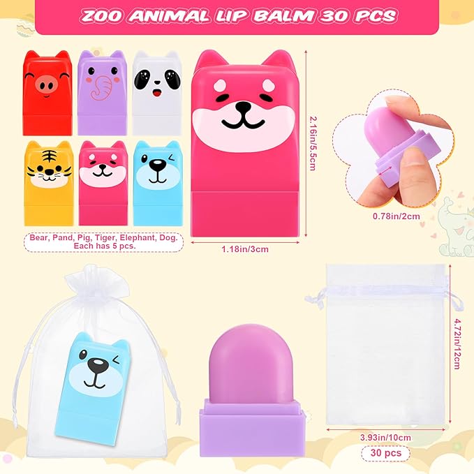 30 Sets Wild Animal Birthday Lip Balm Gifts Bulk Baby Shower Prizes Gift Girl Birthday Lip Balm Jungle Animal Party Favors for Preschool Toddler Boy Girl Classroom Prizes Classroom Prizes-BrightBean Baby