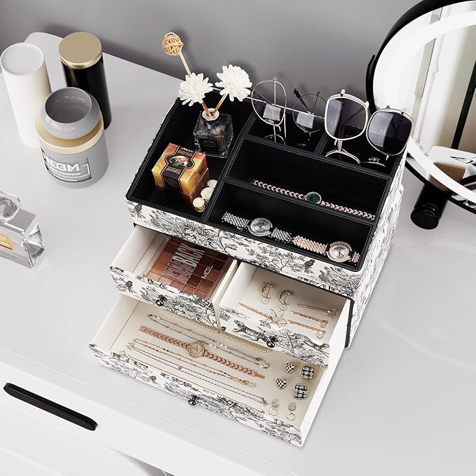 GORESE Leather Makeup Organizer with 3 Drawers for Vanity, Stackable Skincare Holder Dresser Organizer Countertop, Make Up Storage Organizers Counter Cosmetic Display Case Gift for Women(Retro Black)-BrightBean Baby