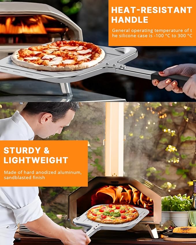 Pizza Peel 12 inch, Perforated Aluminum Pizza Paddle (12'') with Heat-resistant Handle, Nonstick and Lightweight Pizza Spatula, Pizza Oven Accessories
