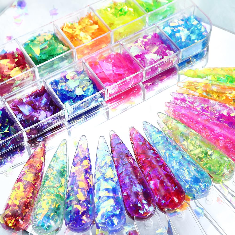 12Grids Holographic Mermaid Colorful Nail Art Glitter,Irregular Rainbow Candy Color Nail Art Flakes Sequins Gradient Bright Ice Slag Nail Sequins Summer Metallic Foil Nail Supplies DIY Nail Decoration-BrightBean Baby