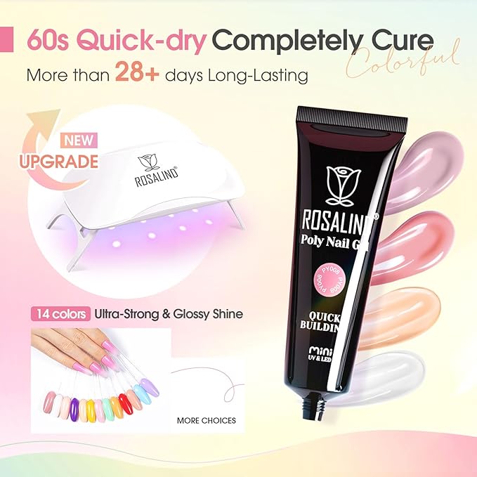 ROSALIND Poly Nail Gel Kit -14 Colors Nail Art Accessories kit Clear Nude Nail Extension Gel Starter with Slip Solution White Nude Pink Nail Extensions Gels Set with Mini UV Lamp-BrightBean Baby
