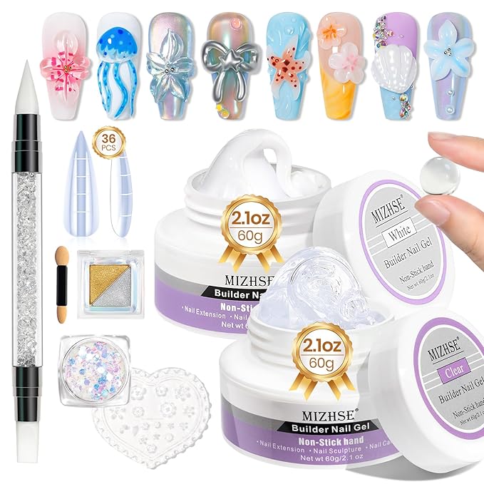 MIZHSE 2PCS 60g Clear and White Solid Builder Gel for Nails, 3D Sculpting Gel for Nail Art with Gold Silver Chrome Powder Nail Form Molding Builder Gels Kit for Women Home DIY Manicure-BrightBean Baby