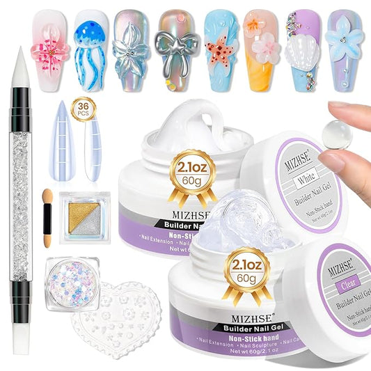 MIZHSE 2PCS 60g Clear and White Solid Builder Gel for Nails, 3D Sculpting Gel for Nail Art with Gold Silver Chrome Powder Nail Form Molding Builder Gels Kit for Women Home DIY Manicure-BrightBean Baby