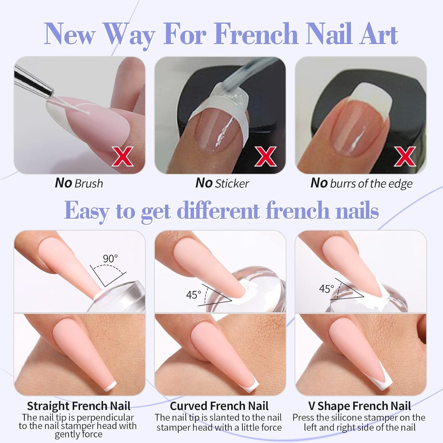 Born Pretty French Tip Nail Stamp, 6PCS Art Stamper With Scrapers, Silicone Stamping Long & Short Jelly Stamper Kit for French Manicure Home DIY Art Salon-BrightBean Baby