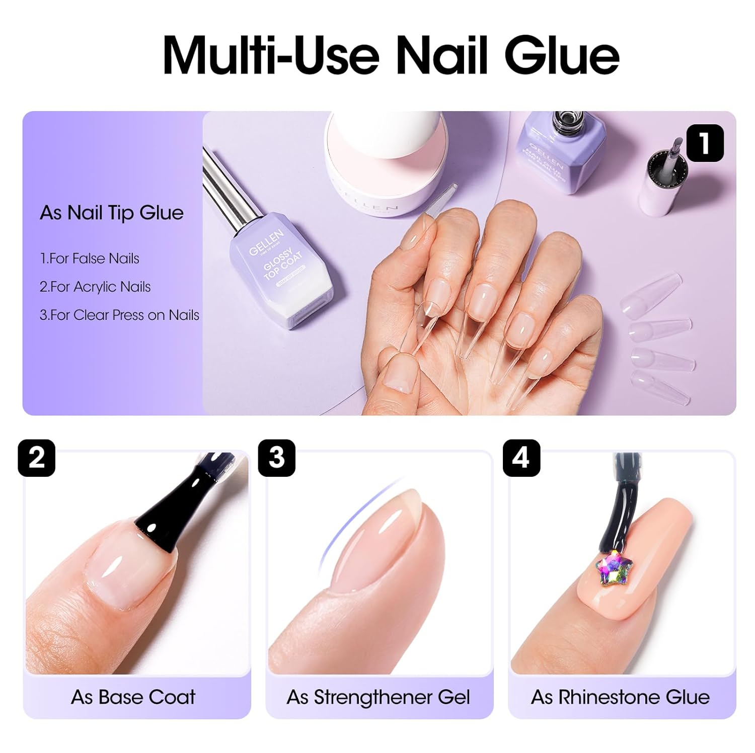 Gellen 4 in 1 Nail Glue Gel and No Wipe Gel Top Coat for False Nail Tips & Acrylic Nails & Clear Press on Nails, 18ML Long Lasting Nail Gel Kit, Home Salon Manicure Set-BrightBean Baby