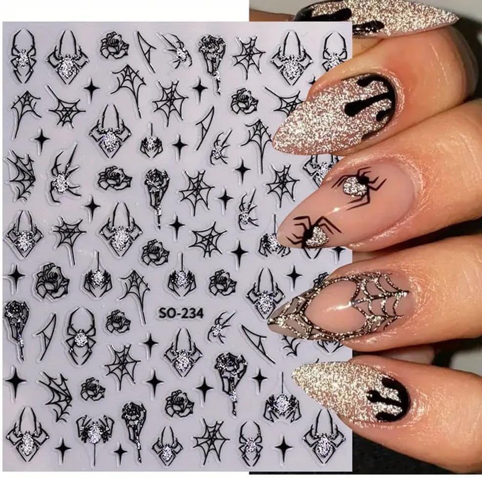 6Sheets Halloween Nail Art Stickers Decals, 3D Spider Nail Sticker Halloween Nail Decoration Self-Adhesive Black Red Silver Glitter Star Spider Web for Nails Stickers DIY Manicure Art Decoration-BrightBean Baby