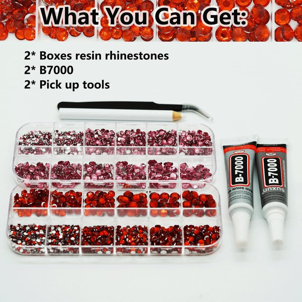 Pink and Red Rhinestones with Glue(S8-S30) for Bedazzling,2mm-6mm Non-Hotfix Flatback Nail Gems Beads with B7000, Resin Nail GemsStones Diamond Kit for Bedazzle Crafting, Nails DIY Art Decoration-BrightBean Baby