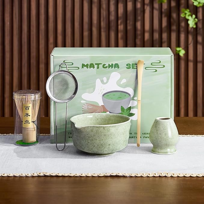 5Pcs Matcha Whisk Set - Matcha Bowl with Spout, 100% Bamboo Whisk (Chasen), Holder, Stainless Sifter, Tea Scoop. Japanese Ceremony Matcha Kit for Beginners, Ideal Gift for Tea Lovers (Green)