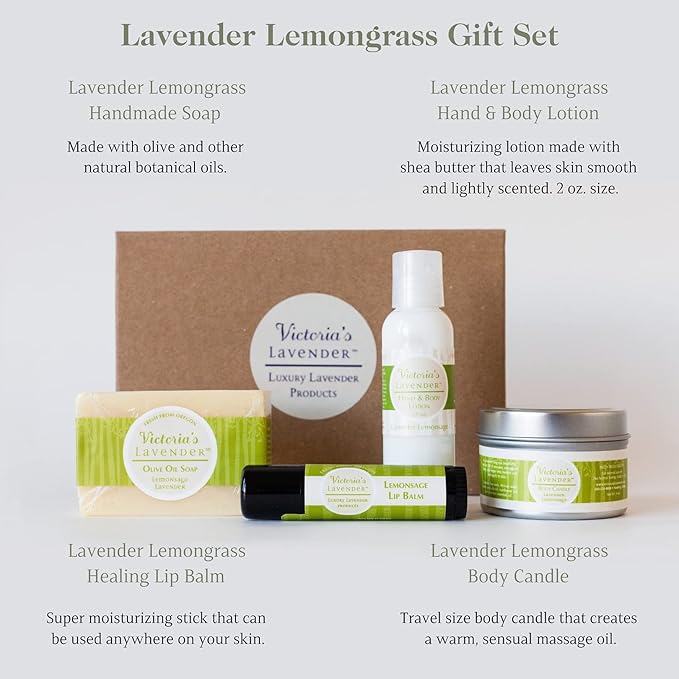 Victoria's Lavender Natural Body Products Gift Set - Handmade Soap, Hand & Body Lotion, Lip Balm, Body Candle Skin Care Sets & Kits, Lavender Bath and Body Products for Women, Lavender Lemongrass-BrightBean Baby