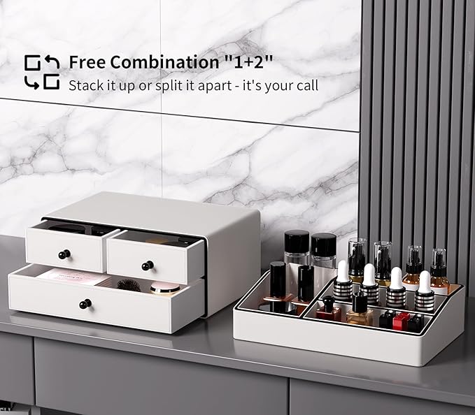 GORESE Leather Makeup Organizer with Drawers for Vanity, Stackable Skincare Holder Dresser Organizer Countertop, Make Up Storage Organizers Counter Cosmetic Display Case Gifts for Women(Cream White)-BrightBean Baby