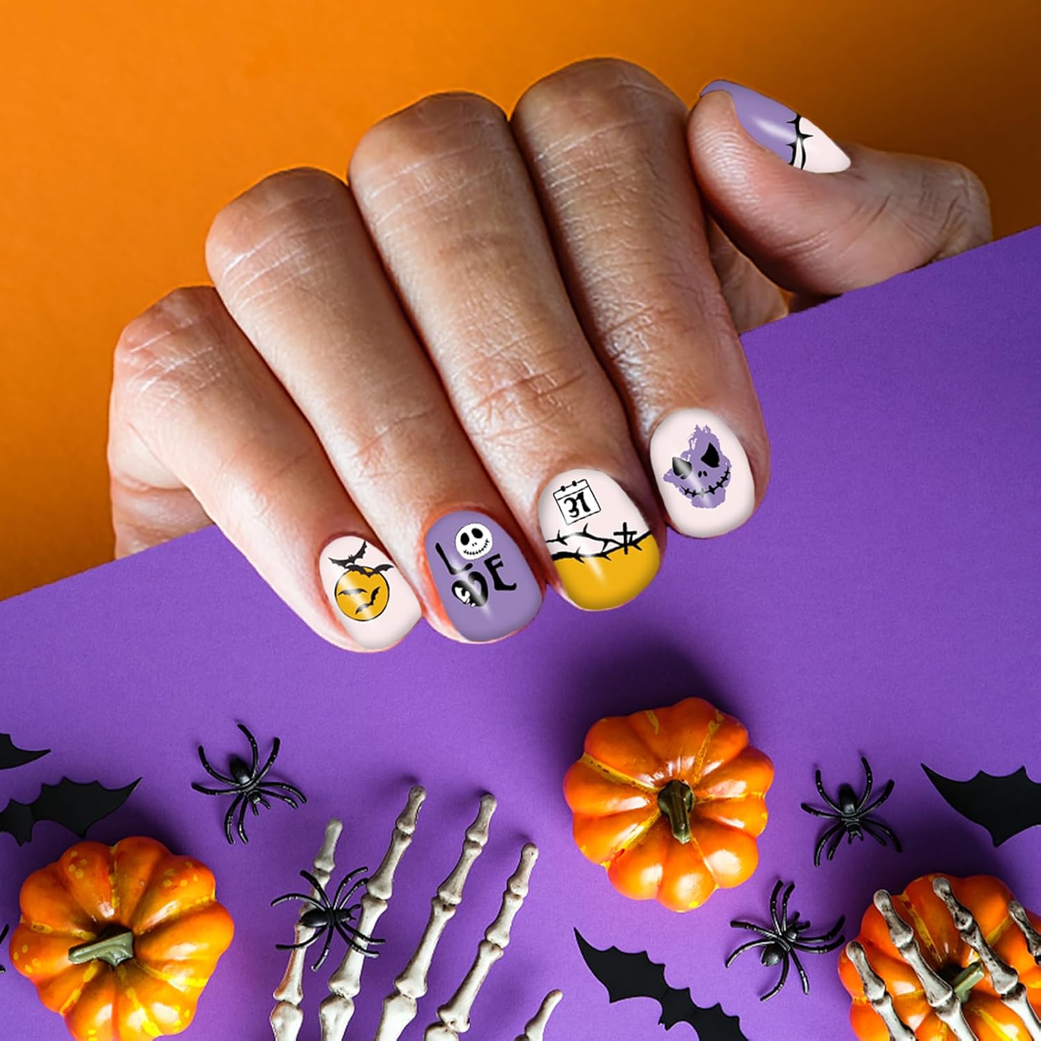 12 Sheets Halloween Nail Wraps Stickers, Nail Polish Strips DIY Self-Adhesive Full Glitter Nail Art Decals Pumpkin Bat Ghost Spider Skull Pattern with 2 Piece Nail Files for Party Decor (168 Pieces)-BrightBean Baby