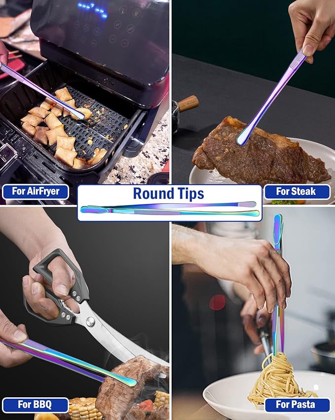 JETKONG 4 Pcs Kitchen Tweezers, 12'' and 10'' Stainless Steel Cooking Tweezers Set, High-Precision Tweezers Tongs for Cooking, Repairing, Seafood and BBQ (Rainbow)