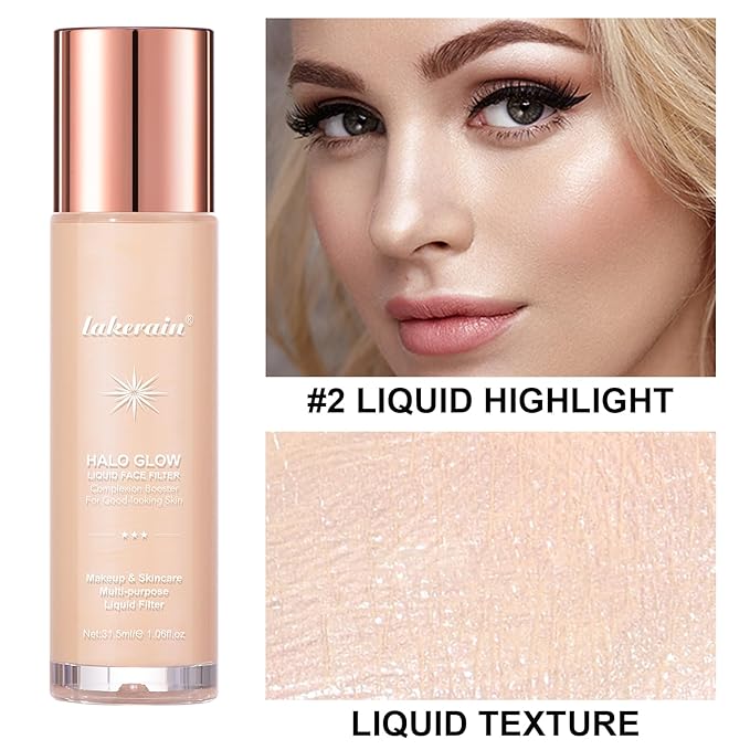 Natural Glow Liquid Filter Makeup, Longwear Face Luminizer, Complexion Booster For Any Part of the Body, Liquid Highlighter with Brush Kit, Infused Hyaluronic Acid, 1.06 fl oz (#02 FAIR/LIGHT)-BrightBean Baby