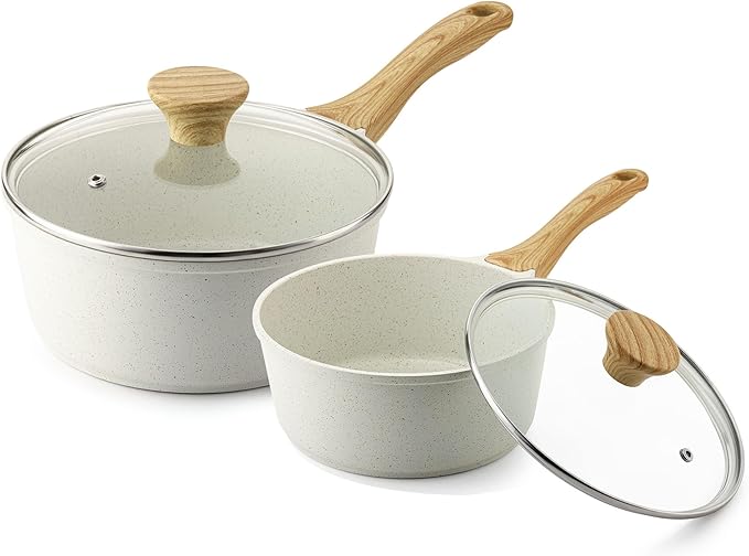 SENSARTE White Ceramic Nonstick Saucepan Set with Lid - 2.0 + 2.5 QT White Granite