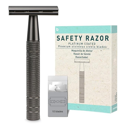 Matte Gun Black Double Edge Safety Razor, Single Blade Razors for Men and Women, with 10 Stainless Steel Safety Razor Blades, Reusable, Eco-friendly, Smooth and Close Shaving, Plastic Free-BrightBean Baby