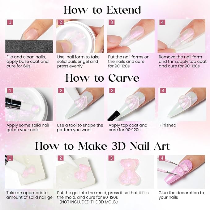 MIZHSE Solid Builder Gel, Aurora Pink & Clear Sculpting Gel for Nails, Non-Sticky 3D Nail Art Mermaid Pearl Building Carving Modeling Sculpture Hard Extension Manicure Salon Home DIY-BrightBean Baby