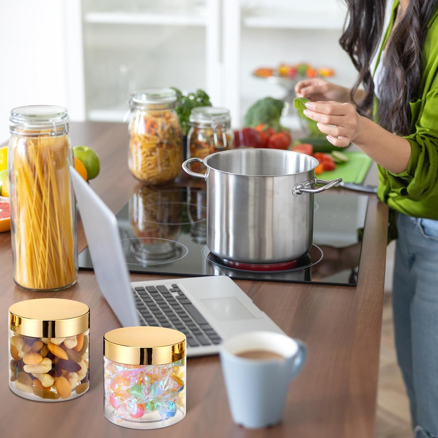 SATINIOR 100 Pcs Plastic Jars with Lids Small Containers Lids Wide Mouth Small Plastic Containers for Lotion Cream Rhinestones Body Butters Travel Storage(8 oz,Gold)-BrightBean Baby