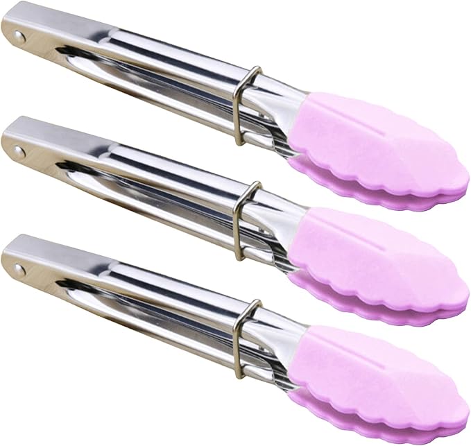 7-Inch Serving Tongs with Silicone Tips Clam Shell Mini Tongs, Set of 3 (Pink)