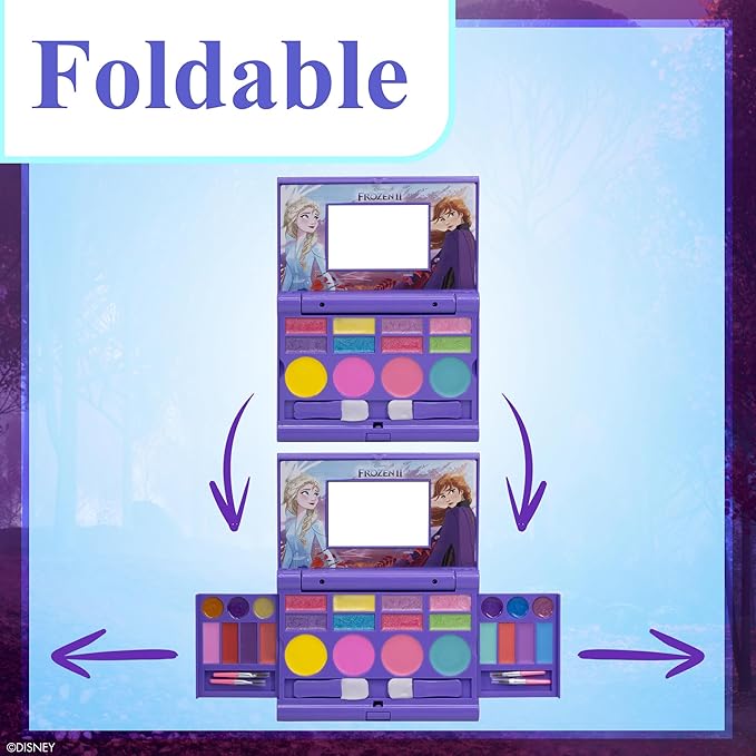 Disney Frozen Elsa Anna Cosmetic Compact Set with Mirror 22 lip glosses, 4 Body Shines, 6 Brushes Colorful Portable Foldable Washable Makeup Beauty Kit Box Set for Girls Kids Toddler-BrightBean Baby