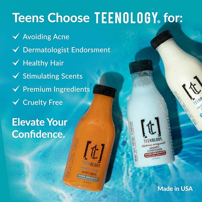 Teenology Shampoo for Teens - Avoid Forehead and Body Breakouts - No Sulfates or Parabens, Noncomedogenic, Natural Botanical Extracts, 16 oz. (Blueberry Pomegranate Cucumber)-BrightBean Baby