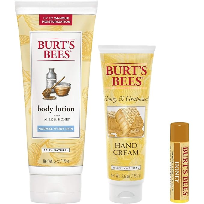 Burt's Bees Honey Pot Holiday Gift Set, 3 Honey Skin Care Products - Milk & Honey Body Lotion, Honey & Grapeseed Hand Cream and Honey Lip Balm-BrightBean Baby