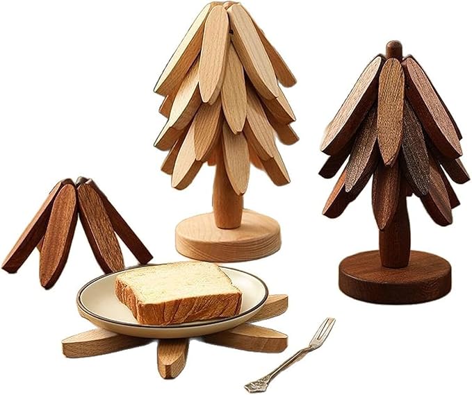 Natural Wood Tree Trivet Set, 𝐍atural Tree Trivet Set - 4 Wooden Trivets,4 Wooden 𝐓rivets & 1 Stand Like a Christmas Trees,for Hot Dish,Pot,Bowl,Teapot,Hot Pot Sets (Natural Wood 3 Trivets,2set)