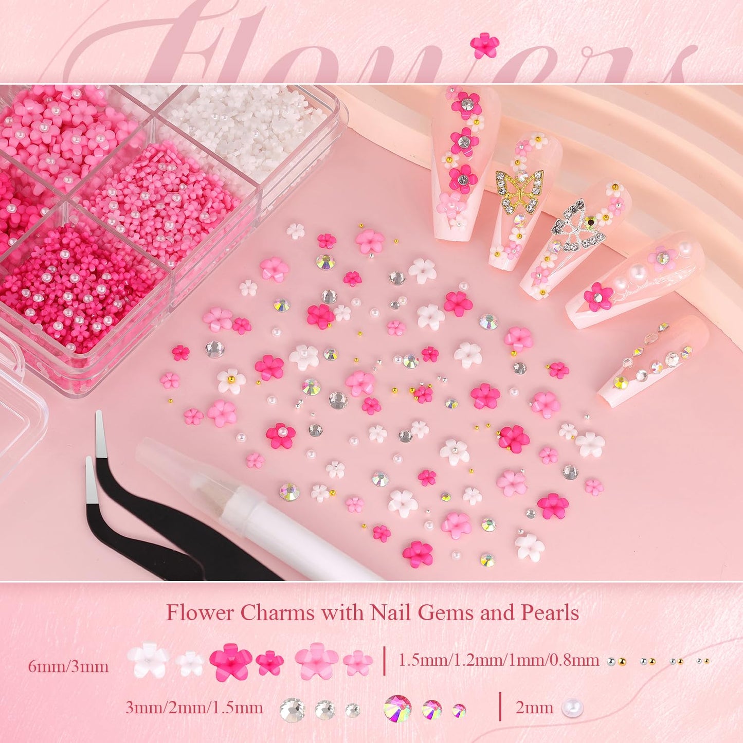 3D Nail Charms and Gems Set 4 with Rhinestone Glue, 20PCS Gold and Silver Chunky Butterfly Nail Charms, 3D Flowers for Nails, Crystal and Pearls + Metal Caviar Beads + Picker Tool for Y2K Nail Decor-BrightBean Baby