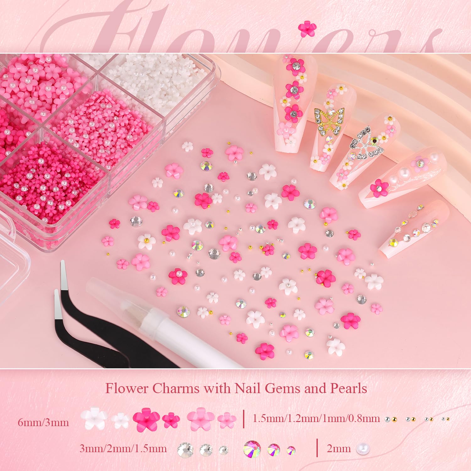 3D Nail Charms and Gems Set 4 with Rhinestone Glue, 20PCS Gold and Silver Chunky Butterfly Nail Charms, 3D Flowers for Nails, Crystal and Pearls + Metal Caviar Beads + Picker Tool for Y2K Nail Decor-BrightBean Baby