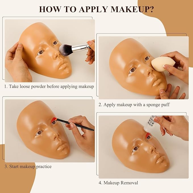 Make Up Practice Face, Face Painting Mannequin Head with Stand, 5D Reusable Silicone Face Practice Board, Mannequin Head for Makeup with Makeup Kit, Practice Face for Makeup Artist & Beginner, Brown-BrightBean Baby