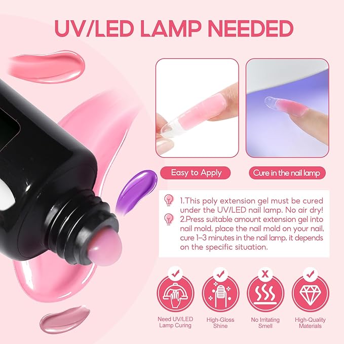 COSCELIA Poly Nail Gel Kit Starter Kit with U V Lamp 3PC Coscelia Poly Extension Gel for Beginners Clear Pink White Nail Art Quick Building Gel Manicure Kits Gift for Women DIY at Home-BrightBean Baby