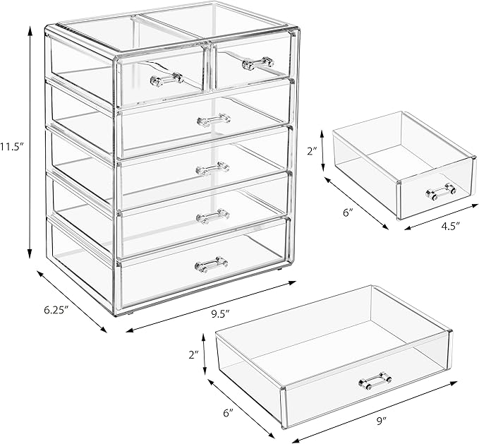 Sorbus Acrylic Makeup Organizer - Organization and Storage Case for Cosmetics Make Up & Jewelry - Big Clear Makeup Organizer for Vanity, Bathroom, College Dorm, Closet, Desk (4 Large, 2 Small Drawers)-BrightBean Baby