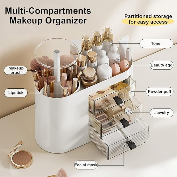 DASITON Makeup Organizer with 3 Drawers,Automatic Lifting Makeup Brush Holder with Lid,Large Capacity Makeup Organizers for Vanity,Bathroom Countertop,Ideal Storage Skin Care,Brushes,Lipstick (White)-BrightBean Baby