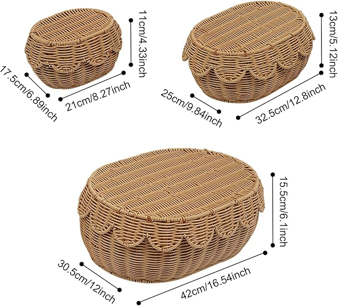 3 Pcs Wicker Storage Baskets with Lid Hand Woven Plastic Wicker Set Round Scalloped Organizer Box Natural Woven Storage Bins for Picnic,Bread,Eggs,Fruits