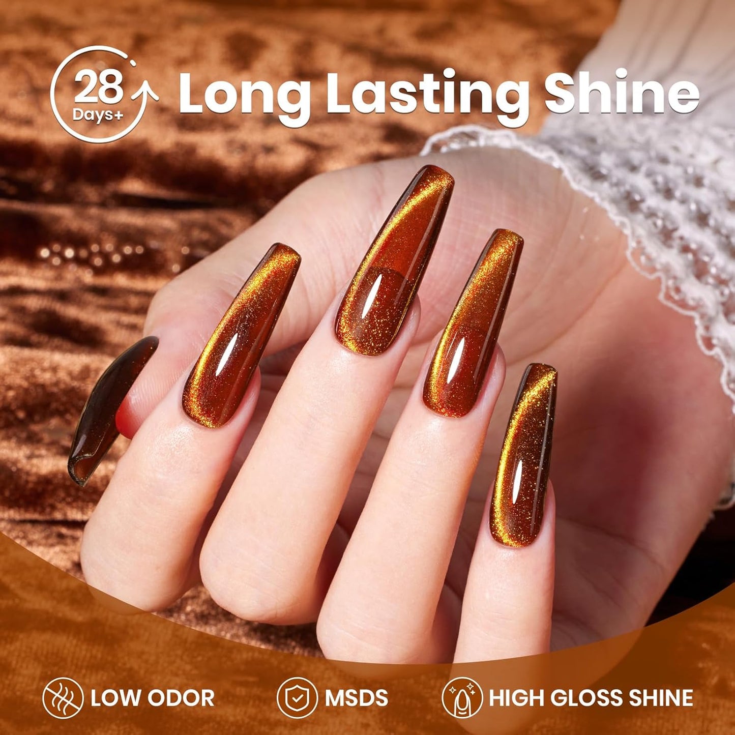 Beetles Brown Cat Eye Gel Nail Polish - Amber Glint Cat Eye Gel Polish, 15ML Fall Brown Gold Powder Magnetic Glitter Gel Polish Soak Off UV French Nail Art Salon DIY Manicure Gift for Women-BrightBean Baby