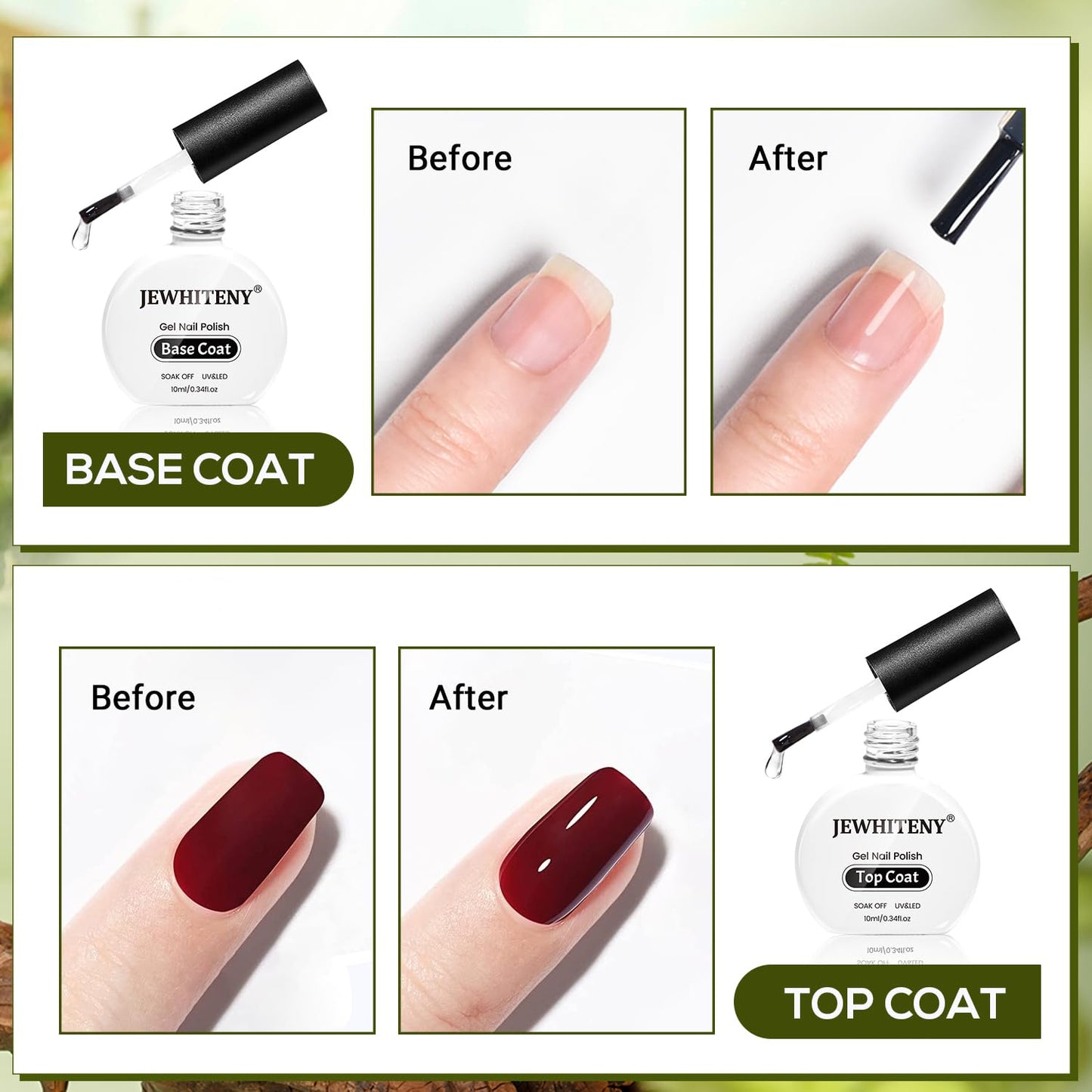 JEWHITENY 2 Bottles 10ML Gel Top Coat and Base Coat Set Gel Polish Long Lasting Glossy Shine Effect DIY Nail Art Design Need U V Lamp Curing-BrightBean Baby