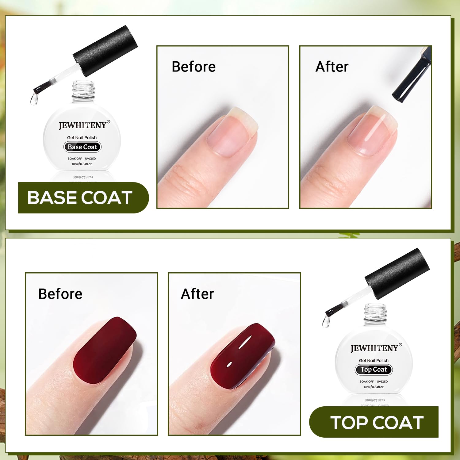 JEWHITENY 2 Bottles 10ML Gel Top Coat and Base Coat Set Gel Polish Long Lasting Glossy Shine Effect DIY Nail Art Design Need U V Lamp Curing-BrightBean Baby