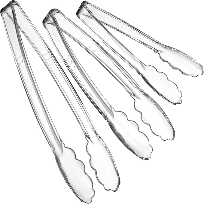PlasticPro Clear Serving Tongs Combo Set - 4 Each of 7.5'', 9'', 12'' Heavy Duty Reusable Kitchen and BBQ Tongs for Parties, Caterings, Events, Buffet, Weddings - Pack of 12