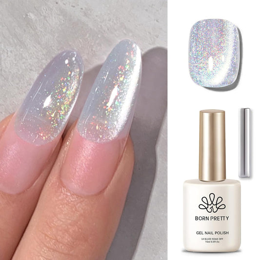Born Pretty White Glitter Cat Magnetic Eye Gel Nail Polish, Holographic Glitter Iridescent Gel Nail Polish Soak Off Led Gel Nail Polish Nail Art Gel Manicure Salon DIY Gifts 15ML-BrightBean Baby