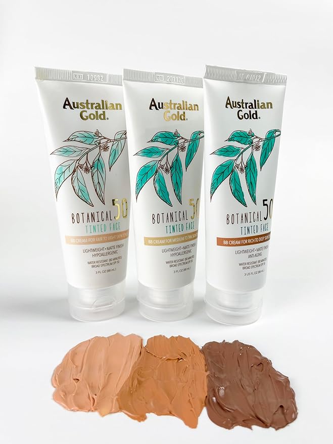 Australian Gold Botanical SPF 50 Tinted Face Sunscreen, Non-Chemical BB Cream, Water-Resistant, Matte Finish, Sensitive Skin, 3 FL Oz-BrightBean Baby