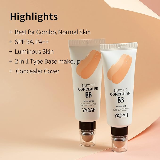 YADAH Silky Fit Concealer BB Cream (21 Light Beige, 1.18fl oz) - 2-in-1 Korean Makeup for Flawless Skin, Tinted Moisturizer for Blemish Cover. Long-Lasting, All-Day Wear.-BrightBean Baby