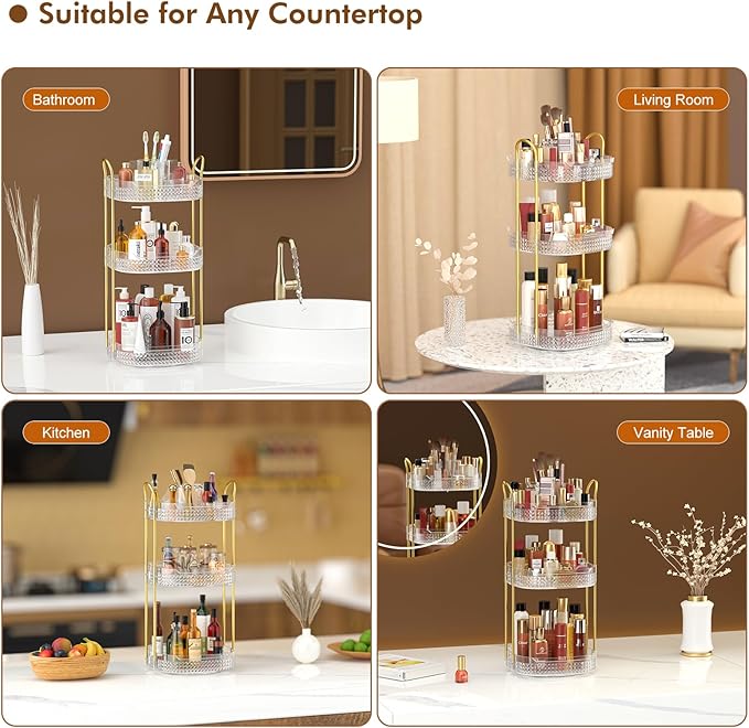 Awenia Rotating Makeup Organizer 360, Stackable Adjustable Large Capacity Cosmetic Storage Unit,Dresser Bathroom Kitchen Countertop Organizer with Metal Handle, Plus Size (Clear, 3 Tier)-BrightBean Baby