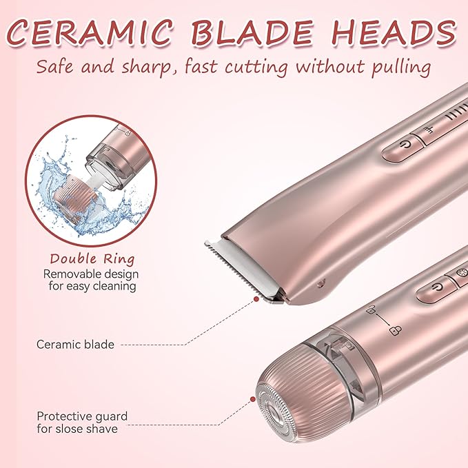 Bikini Trimmer for Women - 2 in 1 Electric Body Hair Trimmer for Silky Skin, Cordless Body Shaver for Travel, IPX7 Waterproof & Easy to Clean, Replaceable Ceramic Blade Heads, Rose Gold-BrightBean Baby