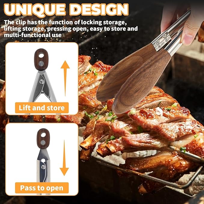 Wooden Tongs for Cooking & Serving Food, Stainless Steel Salad Tongs with Walnut Wood Tip, Anti-Slip Long Handle Wooden Kitchen Tongs Heat Resistant, Smooth Locking & Hanging Cooking Utensils Set of 2