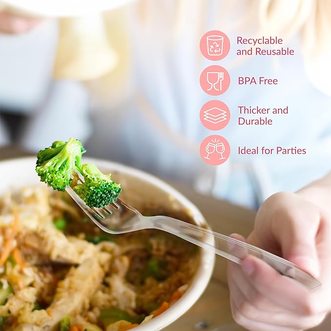 Prestee Clear Plastic Forks 100 Count - Heavy Duty Disposable Forks, Crystal Clear Silverware, Durable Plastic Utensils for Parties, Events, and Catering - Bulk Flatware Set for Any Occasion