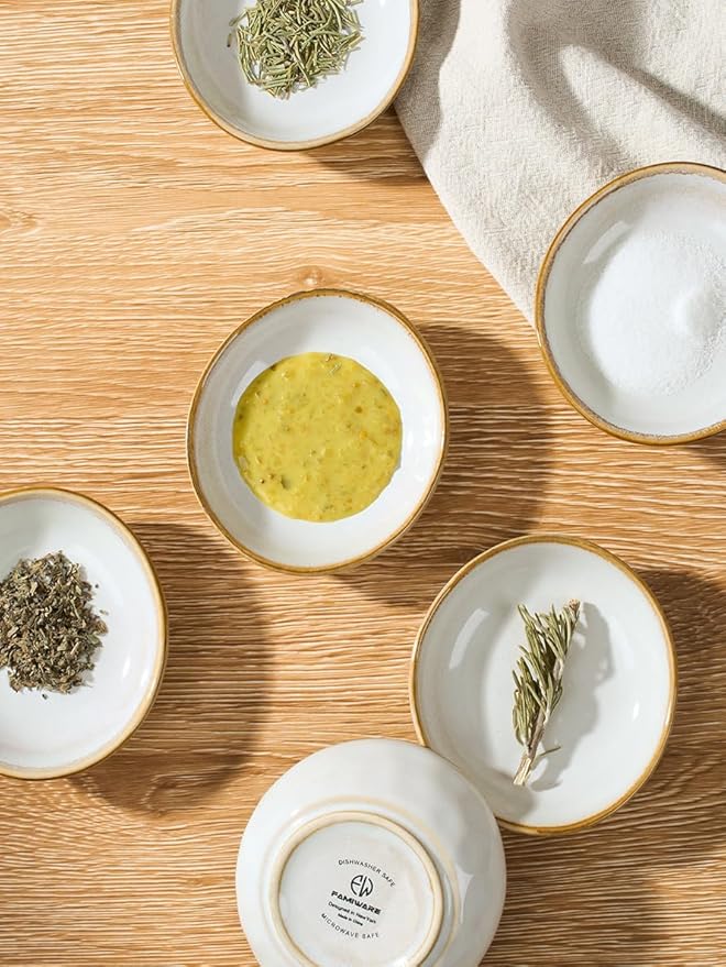 famiware Ocean Soy Sauce Dishes of 6, Oval Dipping Sauce Cups/Bowls/Dishes for Kitchen, 2.1oz Ceramic Small Bowls for Side Dish, Appetizers, Snacks, and Sushi, Reactive Glaze, Cappuccino White