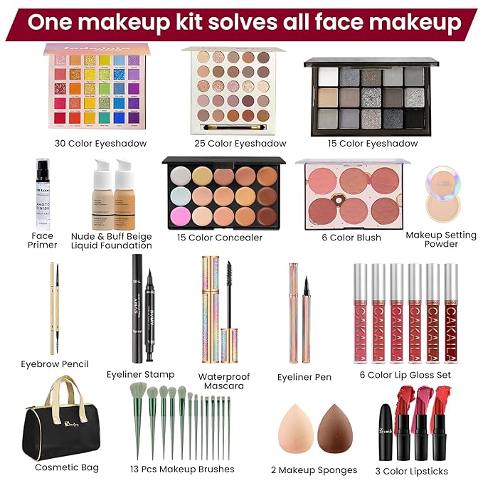 Makeup Kit for Women, Travel Makeup Kit, Makeup Full Kit for Beginners Teens Girls, Makeup Bundle Include 3 Matte & Shimmer Eyeshadow Palettes, Blush Palette, Lip Gloss Set, Concealer-BrightBean Baby