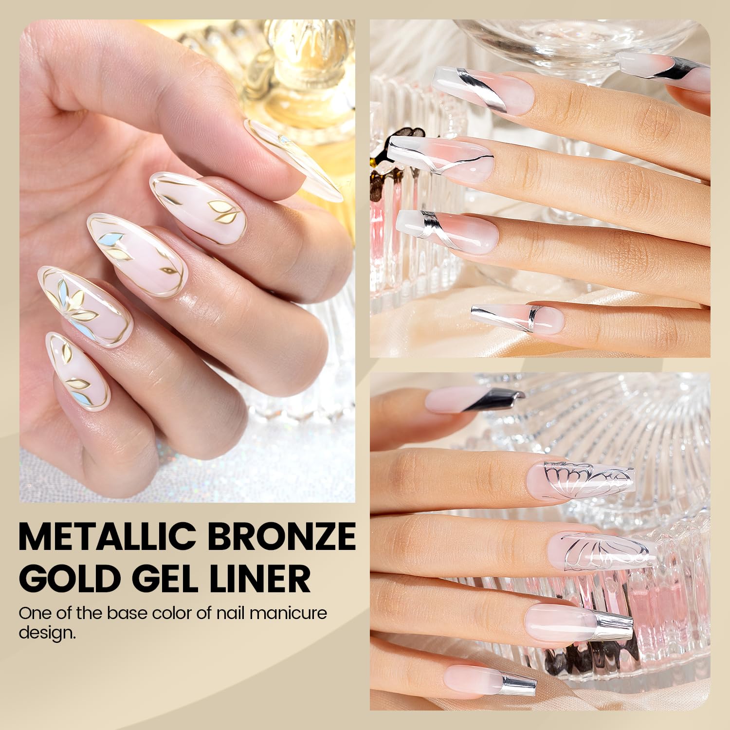 RARJSM Metallic Gel Liner Nail Art Silver Bronze Gold 2pcs Set Mirror Chrome 3D Effect Gel Nail Polish 8ml Build in Thin Brush Metal Painted Drawing Stripper Gelpolish Curing Requires for Home Salon-BrightBean Baby